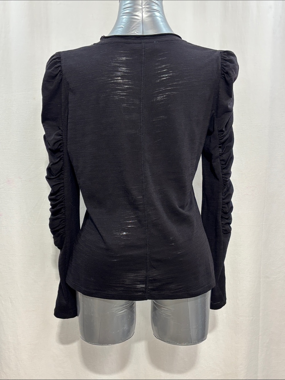 Black Ruched-Sleeve Long Sleeve Tee 355 stretch work party every day chic sheer - Picture 3 of 4
